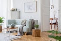 Stylish, bright, Scandinavian living room and dining room. Royalty Free Stock Photo