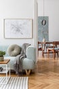 Stylish, bright, Scandinavian living room and dining room. Royalty Free Stock Photo