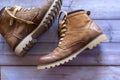 Stylish brown leather men`s shoes or hiking boots Royalty Free Stock Photo