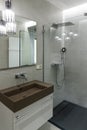 Stylish brown sink, chrome faucet, large mirror. Shower cabin with transparent glass walls, rain shower and shower head. Modern