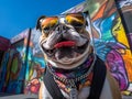 A stylish bulldog poses confidently before vibrant urban graffiti, embodying the essence of street style