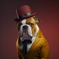 Stylish bulldog in red hat and costume, studio portrait