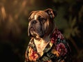 Stylish bulldog wearing a floral shirt posing in nature