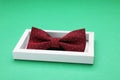 Stylish burgundy bow tie with polka dot pattern in box on green background