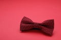 Stylish burgundy bow tie on red background, space for text