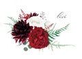 Stylish, Burgundy Dahlia, Ivory White And Red Wine Peony Roses Flowers & Buds, Tender Asparagus Green Leaves, Fern, Astilbe,
