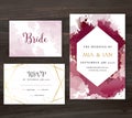 Stylish burgundy red watercolor and gold geometry vector design card
