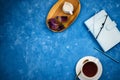 Stylish business flatlay mockup with cup of black tea, planner with glasses and pen, milk holder Royalty Free Stock Photo