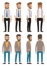 Stylish businessman. Cartoon illustration of a handsome bearded businessman front, side, back view