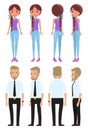 Stylish businessman and cute young girl. Set of man and woman characters front, side, back view