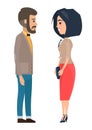 Stylish businesspeople wearing office dresscode looking at each other, view from side, woman man