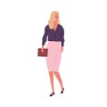 Stylish businesswoman holding clutch bag vector flat illustration. Happy female in trendy clothes standing isolated on