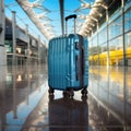 Stylish Cabin Baggage Suitcase Standing In Empty Airport Hall, Blue Hand Luggage Bag Waiting At Terminal, Advertisement