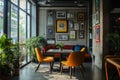 Stylish Cafe Interior with Art Display and Cozy Seating plus Sunlight Effect Royalty Free Stock Photo