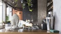 Stylish cafe interior, bar counter with figurine head, panorama Royalty Free Stock Photo