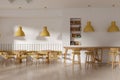 Stylish cafe interior with chair, table and bar stool, shelf with decoration