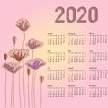 Stylish calendar with flowers for 2020 Week starts on Sunday