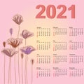 Stylish calendar with flowers for 2021 Week starts on Sunday