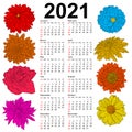 Stylish calendar with flowers for 2021. Week Sundays first