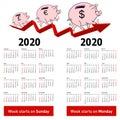 Stylish calendar Pig piggy bank for 2020 Sundays first