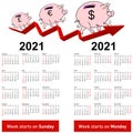 Stylish calendar Pig piggy bank for 2021 Sundays first