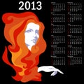 Stylish calendar with woman for 2013. Royalty Free Stock Photo