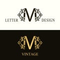 Stylish Capital letter M. Vintage Logo. Filigree Beautiful Monogram. Luxury Drawn Emblem. Graceful Style. Black and Gold. Graphic