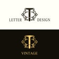 Stylish Capital letter T. Vintage Logo. Filigree Beautiful Monogram. Luxury Drawn Emblem. Graceful Style. Black and Gold. Graphic