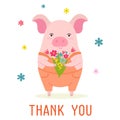 Stylish card or banner with a cute cartoon pig and bouquet of flowers. Funny vector illustration with text. Royalty Free Stock Photo