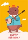 Stylish card or poster with a cute bear musician. Funny vector illustration with text.