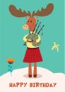 Stylish card or poster with a cute moose musician. Funny vector illustration with text.