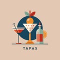 A stylish card showcasing a martini glass and a bottle of wine in a minimalist design, Design a minimalist logo for a chic tapas