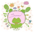 Stylish cartoon card made of cute flowers, doodled frog
