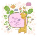 Stylish cartoon card made of cute flowers, doodled giraffe Royalty Free Stock Photo