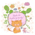 Stylish cartoon card made of cute flowers, doodled kitten