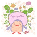 Stylish cartoon card made of cute flowers, doodled penguin Royalty Free Stock Photo