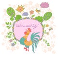 Stylish cartoon card made of cute flowers, doodled rooster Royalty Free Stock Photo