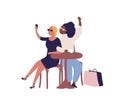 Stylish cartoon diverse woman posing taking selfie at cafe vector flat illustration. Joyful female friend sit at table Royalty Free Stock Photo