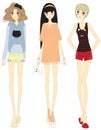 Stylish cartoon girls with cute clothings set