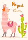 Stylish cartoon lama with cactus. Vector card.