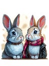 Stylish Cartoon Rabbits with Chic Winter Outfits, Tender Gestures, and Whimsical Hearts Background Royalty Free Stock Photo