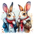 Stylish Cartoon Rabbits with Chic Winter Outfits, Tender Gestures, and Whimsical Hearts Background Royalty Free Stock Photo