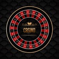 Stylish Casino text on roulette wheel on black leather fabric background.