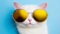 Stylish cat in colorful clothes and sunglasses dancing on bright background, travel and fun concept