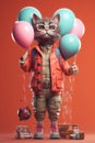 Stylish Cat in Coral Glasses and Clothes Holding a Bunch of Balloons. Generative ai