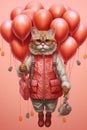 Stylish Cat in Coral Glasses and Clothes Holding a Bunch of Balloons. Generative ai