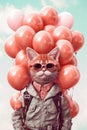 Stylish Cat in Coral Glasses and Clothes Holding a Bunch of Balloons. Generative ai