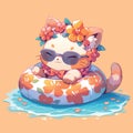 vector cat on swim ring in sunglasses with flowers Royalty Free Stock Photo