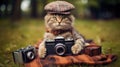 Stylish cat with a retro camera in the park taking