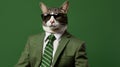 Stylish cat in sunglasses and suit with tie, isolated on green background with left sided text space